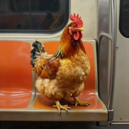 a beautiful painting of a chicken sitting in a subway seat, rutkowski, realism, cinematic lighting
