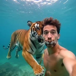 a guy taking a selfie with tiger underwater