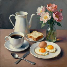 a surreal painting of a breakfast still life, coffee, eggs, flowers, by George Baselitz, symbolist, soft colors, dramatic lighting, smooth, sharp focus, extremely detailed, aesthetically pleasing composition