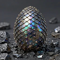 Dragon Egg, Prismatic Dragon Scales, obsidian rock ground, photo realistic,ornate, highly detailed