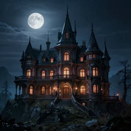 large haunted mansion in the mountain side, cinematic, octane render, art station, dramatic lighting, beautiful moonlight night, concept art, rococo, photorealistic, intense detail, 8 k