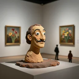 plasticine sculpture stop motion. salvador dali clay models. gallery. paintings of flowers. room with small hole in wall. minimal. tilt shift. visitors. photorealistic. john craxton.