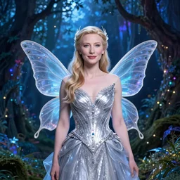 Cate Blanchett's Galadriel as a queen of fairies, dressed in a beautiful silver dress, the background is a magical forrest, start, night, blue tones, magical, contrasts, lumnious, fantasy character concept art by ruan jia, thomas kinkade, and J.Dickenson, trending on Artstation