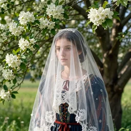 a girl with a bridal veil covering her face. a tree of white flowers. folk. thomas hardy tess of the d'urbervilles. pastoral. folk. gothic. vibrant