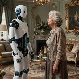 old woman stand-off with a sleek clean humanoid assistant robot in a glamorous livingroom by Roger Deakins