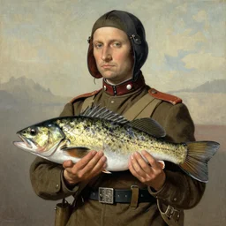 a fish wearing a world War I uniform painted in the style of Leonardo da Vinci