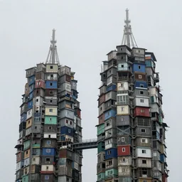 close - up view of towers, made up of stacked makeshift squatter shacks with faded colours, plain uniform sky at the back, misty, mamiya, ultra sharp, very detailed, photographed by julie blackmon