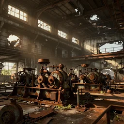 fallout 5, indoors dilapidated partially ruined factory interior, rusted machinery, atmospheric lighting, painted, intricate, volumetric lighting, beautiful, daytime, sunny weather, slight overcast, golden hour, sharp focus, deep colours, ultra detailed, by leesha hannigan, ross tran, thierry doizon, kai carpenter, ignacio fernandez rios