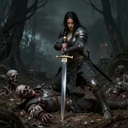 a warrior woman with a stunning sword, dead zombie on ground, by craig mullins _ w 7 0 0
