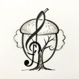 minimal single line big marker tracing of an acorn that turns into a tree in the shape of a treble clef with a perceptual edge in the middle, single line drawing with small color explosions