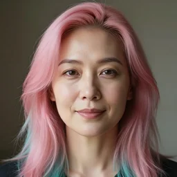 portrait of a woman, symmetrical face, pink and cyan hair, she has the beautiful calm face of her mother, slightly smiling, ambient light