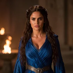 movie still of salma hayek as beautiful wizard wearing a blue silk robe and ornate metal belt in lord of the rings, in battle, symmetry, sweaty, detailed eyes, neutral expression, shallow depth of field, photorealistic, cinematic lighting, lovely bokeh, dungeon setting, dark moody light, strong rim light, movie quality, fire light, flames, movie