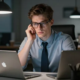 system analyst late night work, office, realistic detailed face portrait, very coherent symmetrical artwork, high contrast, depth of field, insanely detailed, 2 0 years old, handsome, white, desk, laptop, sitting at the table, thoughtful pose, tortoise - rimmed glasses, left hand propping up the head, preppy style, smart casual, shirt and tie, clean shaved