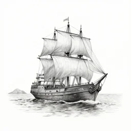 A ship on a deserted island, realistic pencil drawing on white background