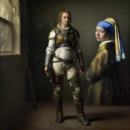 full - length oil portrait of aloy from horizon zero dawn, by hans holbein, by johannes vermeer, by rembrandt