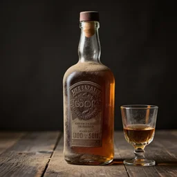 dusty old whiskey bottle and glass, intricate, photorealistic,
