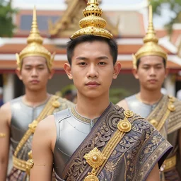 matte close - up portait of 1 0 0 tai smart armored warlords who assemble in sukhothai in the sunny day, ethenic costume, traditonal decoration, digital art trending on artstation, elegant, loin cloth, highly detailed, 8 k, cinematic lighting, global illumination, elegant, ornate, super detail, background is sukhothai, watercolor, volumetric lighting, japanese
