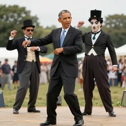 obama dancing with charlie chaplin at Glastonbury festival, 4k