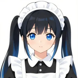 zoomed outbust shot of a blue eyed cute anime maid girl with black hair twintails and blue hair - highlights, large cowlick, ruffled shoulders, maid headdress. delicate lineart, anime art, finely drawn ( digital ), pointy chin. round face drawn by zeronis