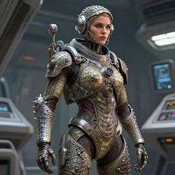 epic professional digital art of female starship mechanic, covered in knobby alligator skin, by leesha hannigan, iris van herpen, artstation, cgsociety, wlop, epic, much wow, much detail, gorgeous, detailed, masterpiece