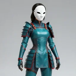female adventurer in tight full - body teal leather armor of japanese design with red accents and a white porcelain crow mask, trending in artstation, japanese, artstation, establishing shot