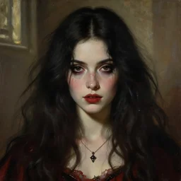 a beautiful and eerie baroque painting of a gorgeous young woman from vampire the masquerade bloodlines, with wild dark hair and freckles and haunted eyes, 1 9 7 0 s, afternoon light, delicate embellishments, painterly