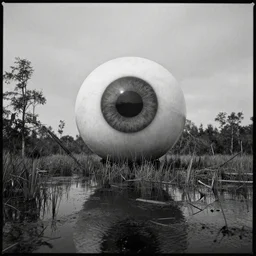 movie still by tarkovsky of a gigantic eyeball over a swamp landscape, cinestill 8 0 0 t 3 5 mm b & w, heavy grain, high quality, noir, natural textures, photorealistic, ambient occlusion, hd, ultra wide lens, anamorphic