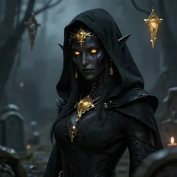 portrait of beautiful elf necromancer in graveyard, black hood, gloom, detailed face, black skin, glowy gold eyes, golden accessories, floating, retro futusitic, dnd, highly detailed, smooth, sharp focus, digital illustration, by artgem, rossdraws, sakimichan