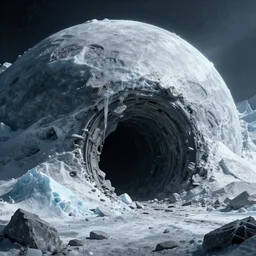 massive black mine entrance rises out of a destroyed abandoned ice planet, epic scale, sci fi horror, close up, wadim kashin, simon stalenhag, xf iq 4, f / 1. 4, iso 2 0 0, 1 / 1 6 0 s, 8 k, raw, featured in artstation, octane render, cinematic, elegant, intricate, 8 k