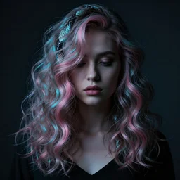 dramatic photo of a woman with super wavy snake marble hair. moody and melanchonic. with a bit of pink and cyan