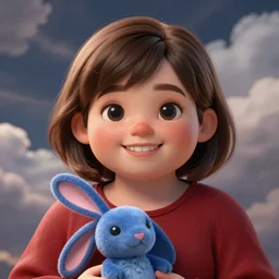 beautiful portrait of a chubby!!! young lady with front buck teeth!! wearing a scarlet red tunic and holding a celestial blue bunny plush, detailed deep black eyes, round face, pointy rosy nose, short medium brown hair, cloudy background, trending on artstation, sharp focus, illustration, caustics, octane render, 4 k, radiant light, art by wlop and artgerm
