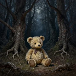 fantasy oil painting, teddy bear toy on ground, surrounded by dead trees at night time, deep dark dead forest, ominous, roots, extremely detailed, intricate, cottagecore, readability, concept art, sharp focus, art by brothers hildebrandt