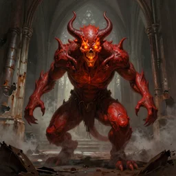 character portrait of a humanoid demonic monster with glowing fire eyes and a skull face with a glowing mouth doing a henshin pose, matte painting, dramatic lighting, digital painting, concept art, muted colors, red colors, mist floats in the air, moody colors, rusted walls, broken pipes, church cathedral, in the style of frank frazetta