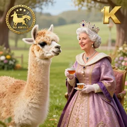 a llama having tea with the queen, 8k, award winning photo, digital art