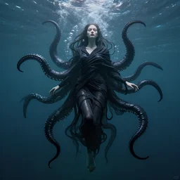 a beautiful pale human, wrapped in black tentacles, wet fabric, floating in water, bubbles rising, full body, photo realistic, fantasy art, volumetric lighting, by charlie bowater, by karol bak