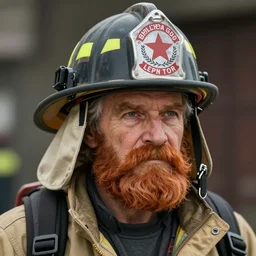 An old man with a ginger beard wearing a fire fighters helmet, highly detailed, digital art, sharp focus, trending on art station, anime art style