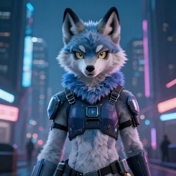 anthropomorphic female wolf fursona wearing a tech harness in a cyberpunk city, photo realistic, ambient lighting