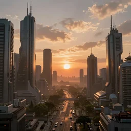 sci-fi city landscape, sunset, photorealistic, 4k, high detail,