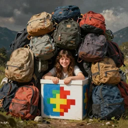 a girl underneath a giant mountain pile of backpacks being happily crushed, autism hug box