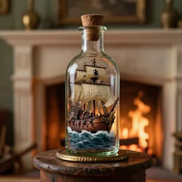 Pirate ship with crew in a bottle, the bottle containing the pirate ship is on a mantlepiece over a fireplace with a fire. Photorealistic. Masterpiece.