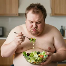 a morbidly obese man begrudgingly eating a salad,