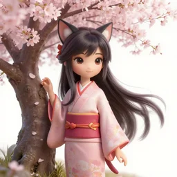 a league of legends concept art of a cute girl with cat ears wearing kimono at a sakura tree, art by cushart krentz and greg rutkowski, 8 k resolution, high quality, highly detailed, long hair, fantasy style, empty background, illustration, hyperrealism, octane render, commission art, trending on artstation, pinterest