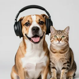 a photorealistic dog and cat wearing headphones smiling, 8 k resolution, studio lighting, highly detailed,