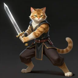 character concept portrait, a warrior cat holding a sword in a combat stance. dark background. bright glowing. digital painting, concept art, smooth, sharp focus, illustration, from metal gear, by ruan jia and mandy jurgens and william, adolphe bouguereau, artgerm