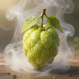 a hop fruit surrounded by white smoke by alex toth. warm light. masterpiece. hq. centered. in - frame