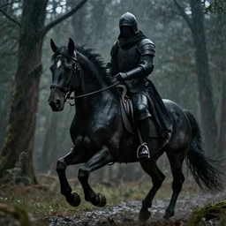 a knight riding a shadow horse, knight's face is covered in black, rain, forest