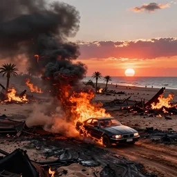 wide shot epic car on fire post apocalyptic adrenaline anger oil black tar landscape wasteland miami desert fire craters natural disasters miami beach sunset fucked up palm trees landscape on fire 80s retrowave unreal engine fallout style far cry