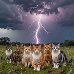 daytime outdoor photograph of colorful cats in the middle of the storm, thunder, lightning