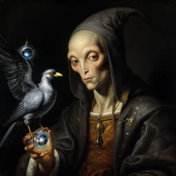 a baroque close - up view angled portrait of a cosmic alien wizard, his bird, and a glowing sci - fi time machine. black background. highly detailed science fiction painting by norman rockwell, moebius, frank frazetta, and syd mead. high contrast. renaissance masterpiece. artstation