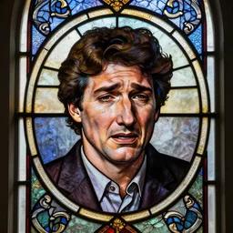 stained glass window, portrait of crying justin trudeau, detailed and masterful, intricate, elegant, highly detailed, centered, artstation, smooth, sharp focus, octane render